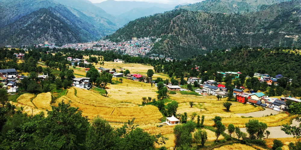 View of Chamba town with terraced fields and hills in the background