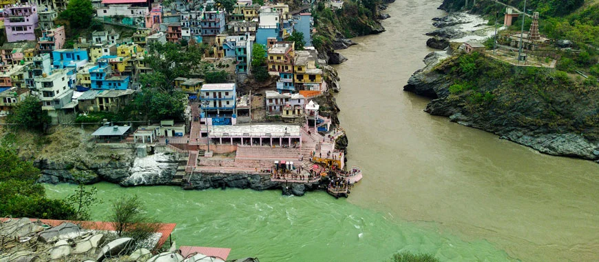 Aerial view of Devprayag where two rivers meet to form the Ganga