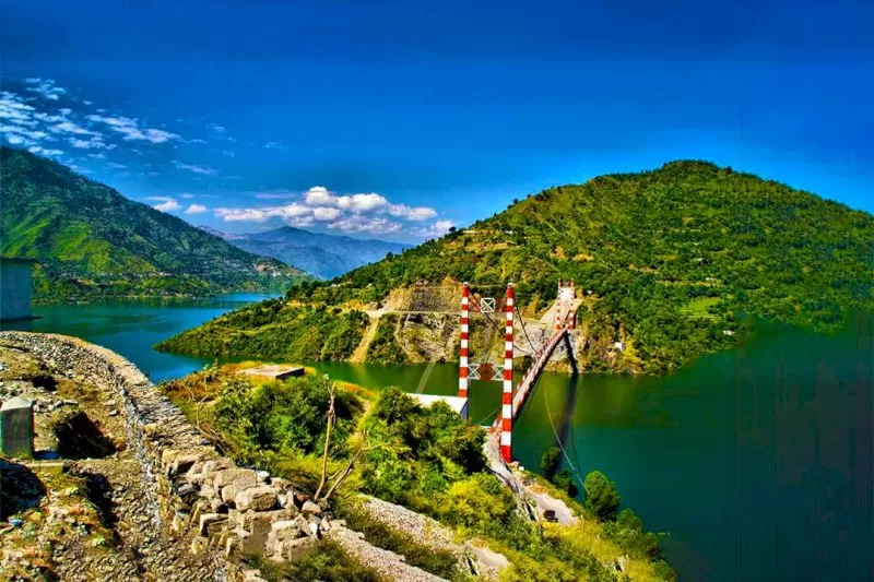 Panoramic view of New Tehri town stepping down the hillside above the lake