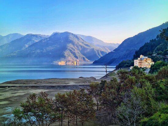 Boats lined up at Koti Colony for water sports on Tehri Lake